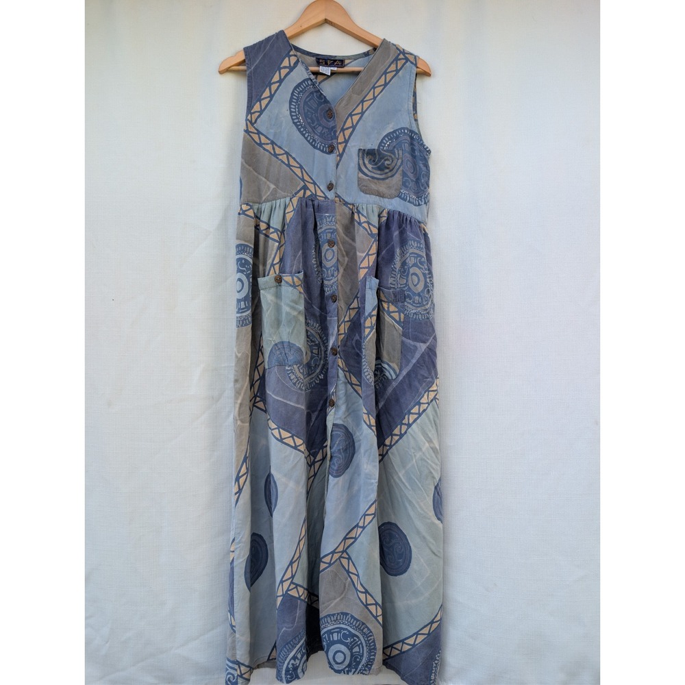 SPA Vintage Button Down Maxi Dress Womens Blue Rayon Batik Boho Lagenlook